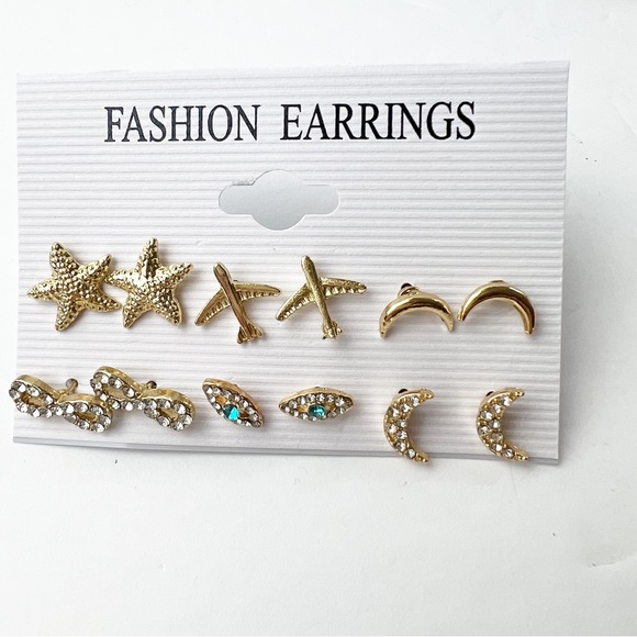 Gold & Rhinestone Starfish Planes Moon Infinity Evil Eye Stud Fashion Earrings - Picture 3 of 5